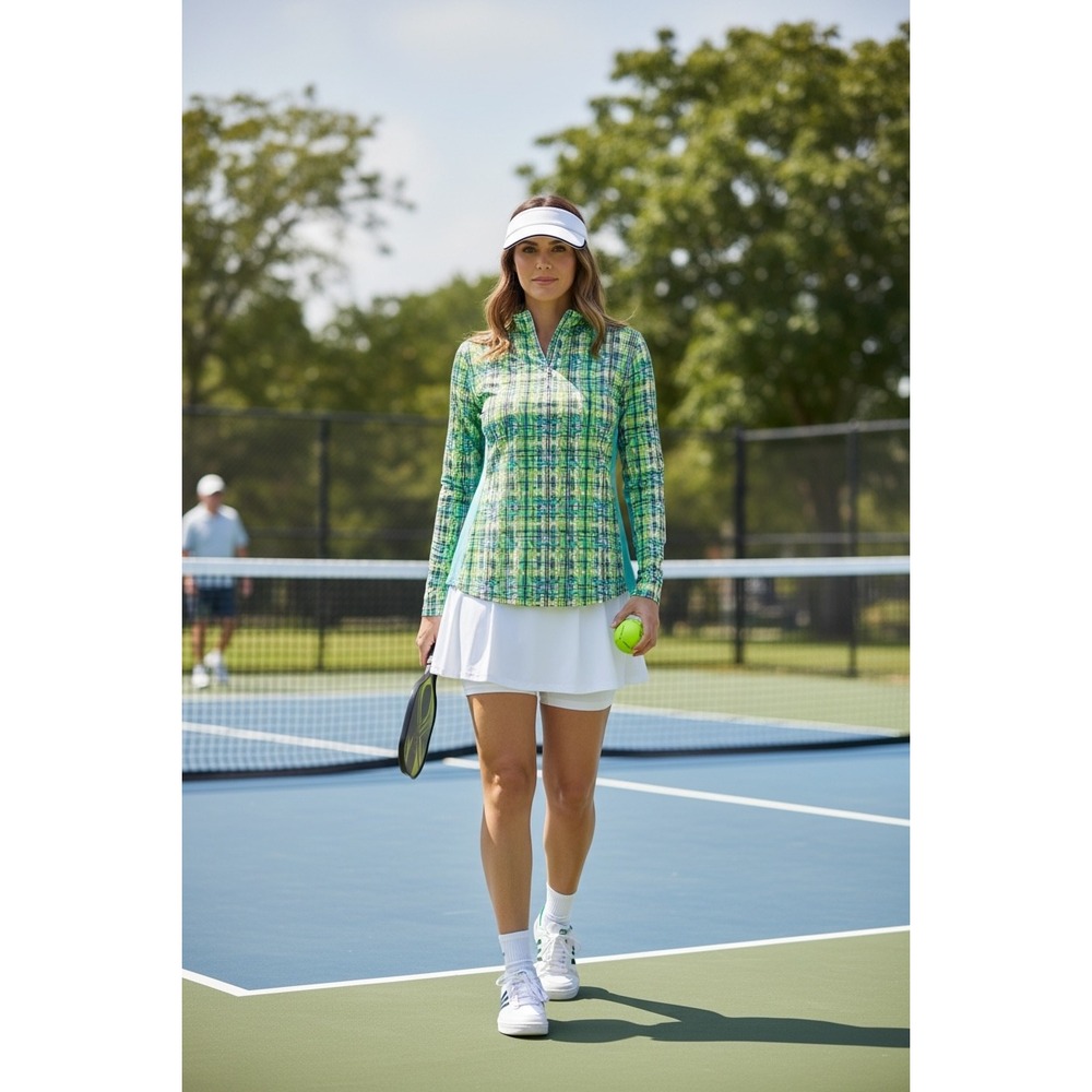 Bette & Court Quarter Zip Golf Polo Large Green Plaid Long Sleeve Mesh Panels